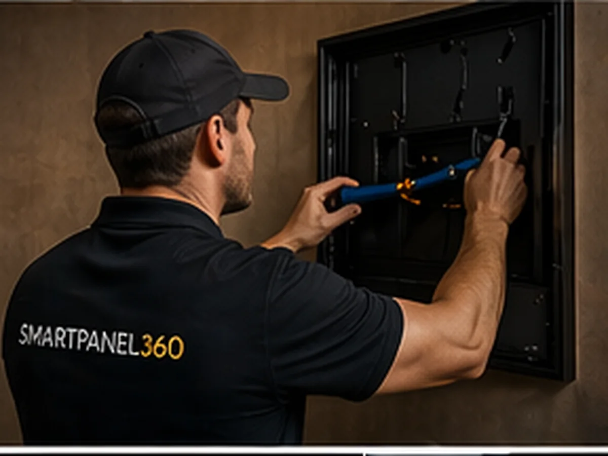 Técnico SmartPanel360 instalando pantalla digital profesional